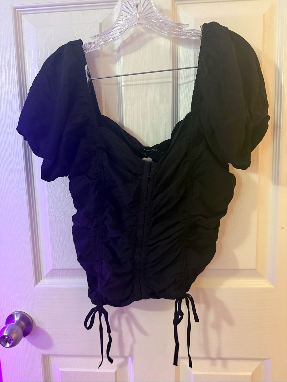 Black Puff-Sleeve Ruched Crop Top by Garage